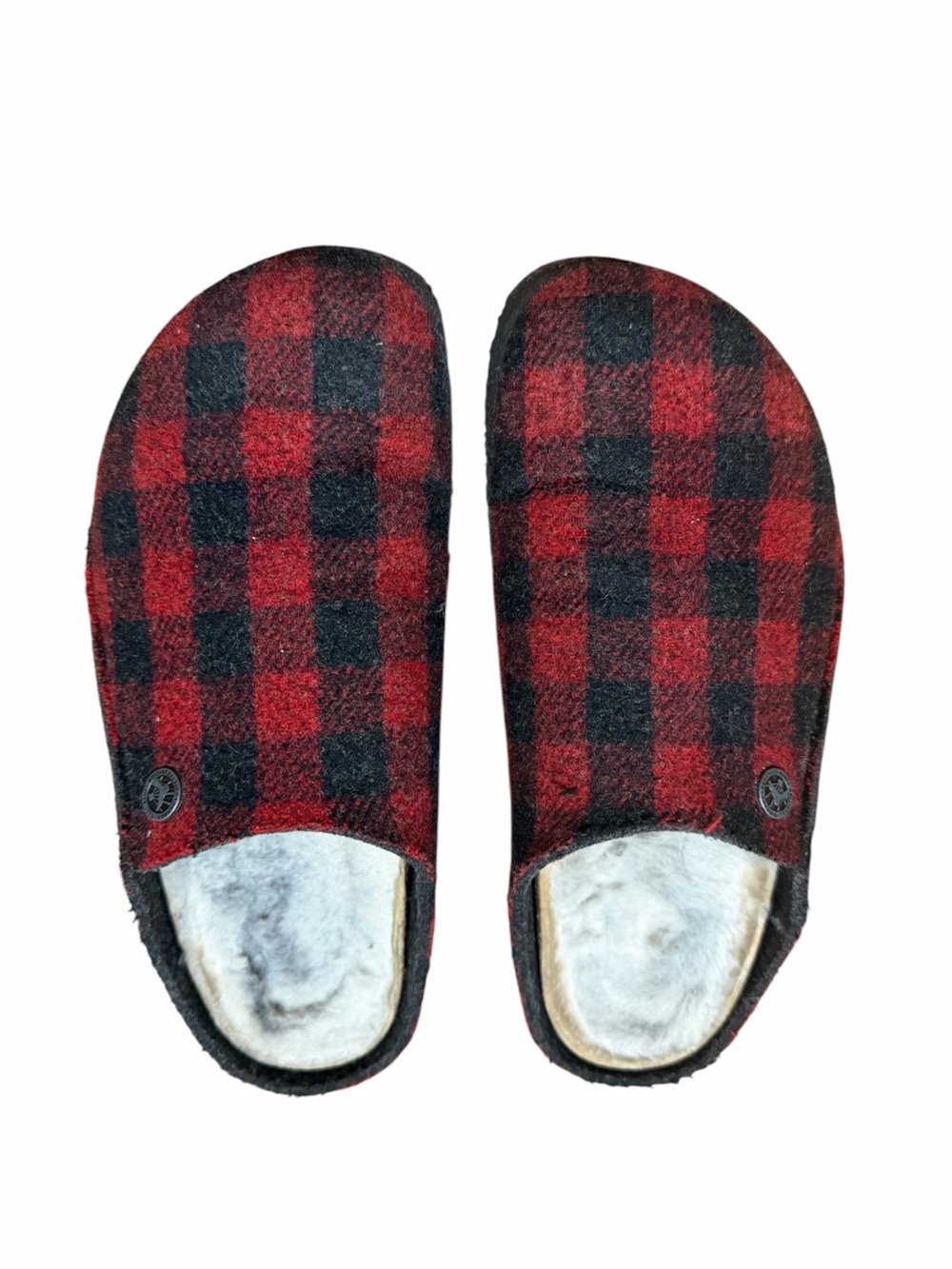 Birkenstock Zermatt Slippers.
Black and Red Checked Wool.
Size 39 (8). Worn.